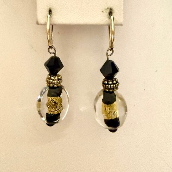Black & Gold Foil Glass Beaded Artisan Drop Earrings - Picture 4 of 5